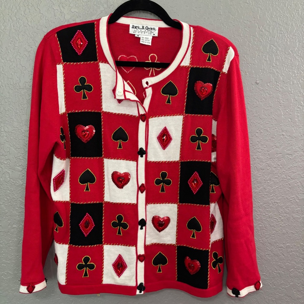 Jack B Quick Cardigan Sweater Med. Red Playing Card Hearts Spades Clubs Novelty